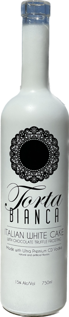 Torta Bianca Vodka Bottle with White Spray effect - an example of our custom color bottle printing services