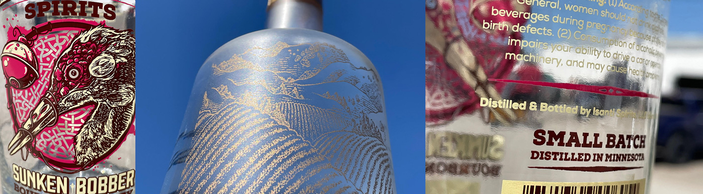 Closeup photo collage of Screen Printed Liquor Bottles, showing close up on the imprint color and effects
