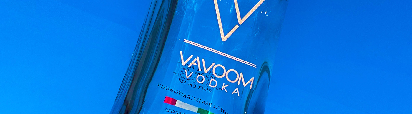 Close up photo of screen printed Vavoom Vodka bottle